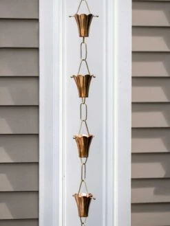 Fluted Flower Pure Copper Rain Chain, 8.5' -Outdoor Garden Store 8600204 03v