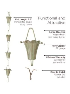 Fluted Flower Pure Copper Rain Chain, 8.5' -Outdoor Garden Store 8612742 03v