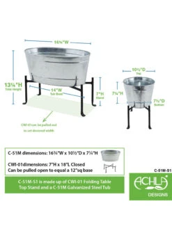 Achla Designs Mini Oval Galvanized Tub With Folding Stand -Outdoor Garden Store 8612906 04v